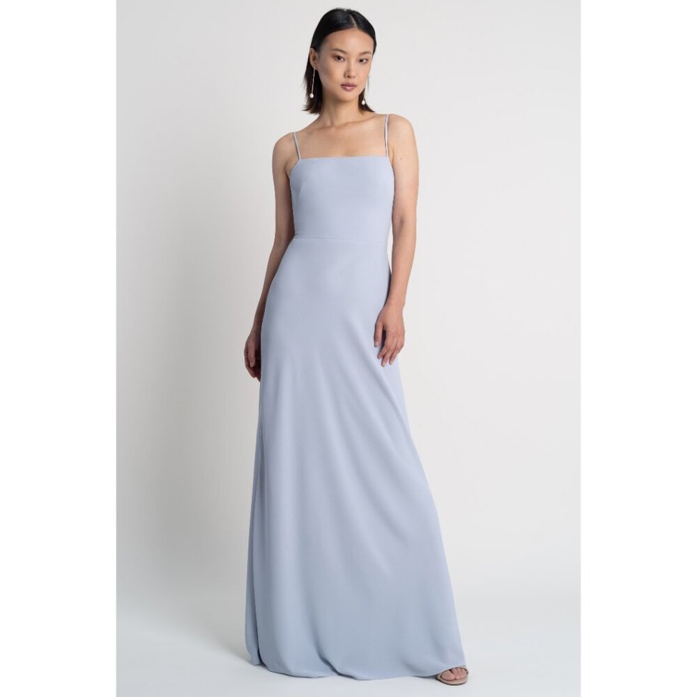 Jenny Yoo Jocelyn Long Bridesmaid Dress. Pebbled crepe. Lilac Mist. Size 8